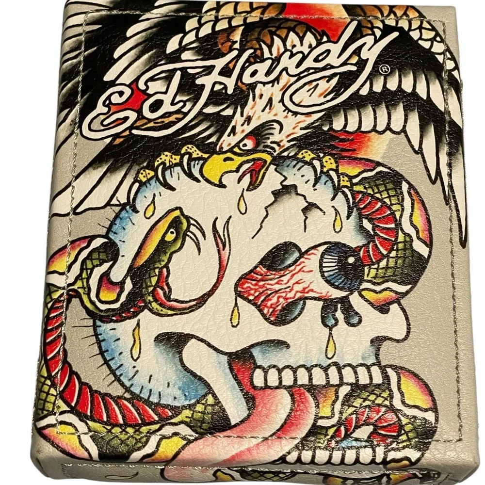 Ed Hardy White Tattoo-Print Bi-Fold Wallet with Red & Yellow Accents